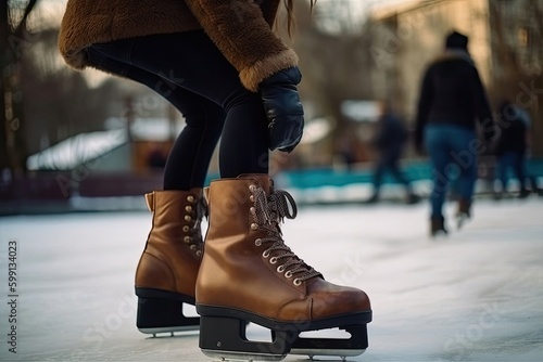 Brown Skates Figure Skater Ice Skating On Rink Backdrop Generative AI