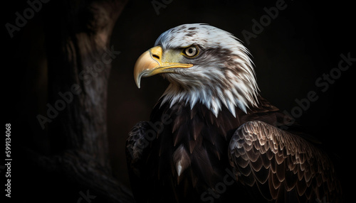 Bald eagle perching on branch, majestic hunter generated by AI