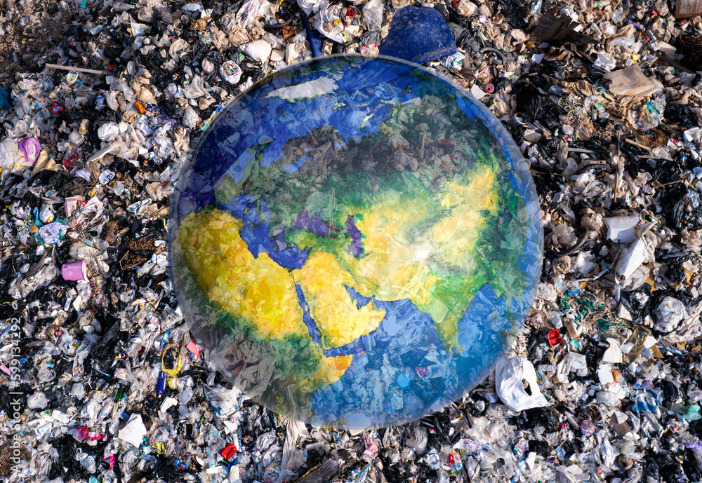 Aerial view, earth and piles of garbage, plastic bottles and garbage