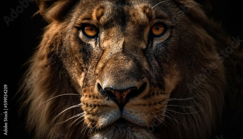 Majestic lion staring, close up portrait of beauty generated by AI