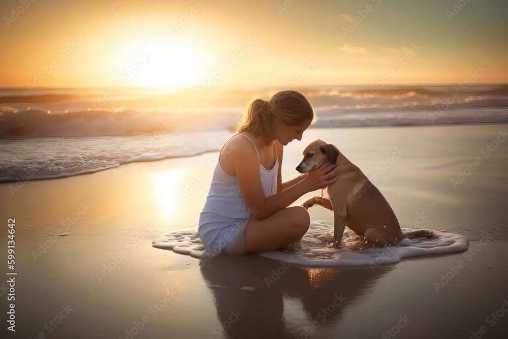 Fototapeta premium Heartwarming scene between mothers and their beloved pets or animals, showcasing moments of affection, where a mother tenderly cradles a sleeping dog in her arms, Generative AI