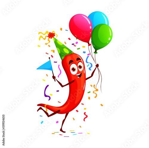 Cartoon funny chili pepper vegetable character on birthday, anniversary holiday. Birthday celebration happy veggie character, anniversary holiday cheerful vegetable vector personage with balloons
