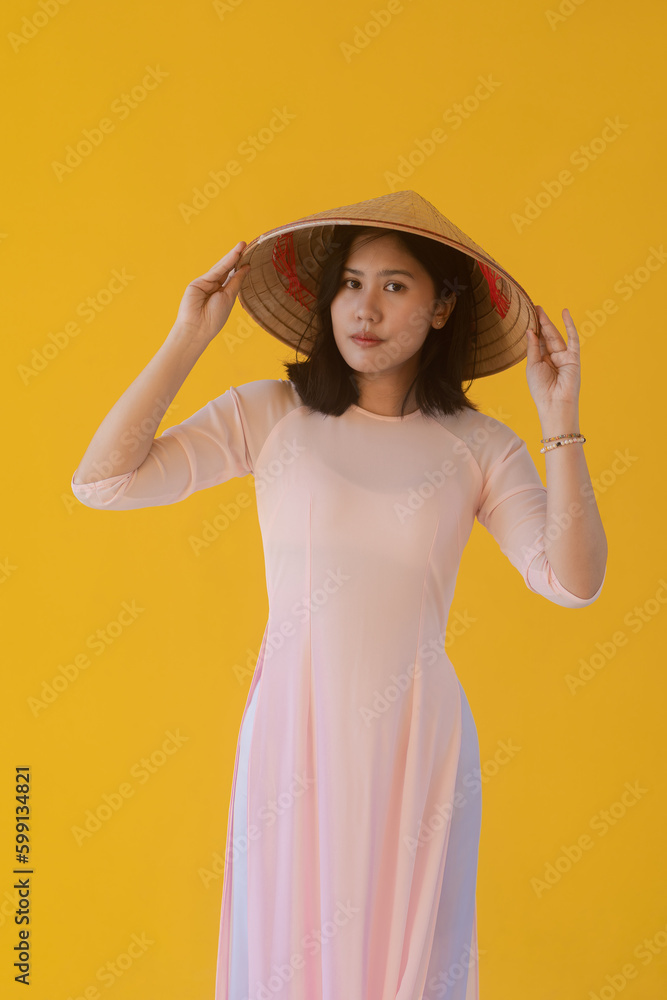 A pretty Vietnamese young Asian woman wearing an Ao Dai a traditional Vietnam dress national costume color pink Ao Dai is popular in Hoi An Old Town, Quang Nam, Vietnam. A pretty Vietnamese young Asian woman wearing an Ao Dai a traditional Vietnam dress national costume color pink Ao Dai is popular in Hoi An Old Town, Quang Nam, Vietnam.