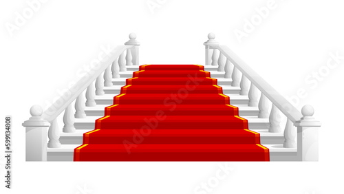 Castle and palace staircase. Marble stair with red carpet. Isolated vector white classic royal ladder with balustrade leading visitors to regal chamber. Vintage architecture element, theatre entrance