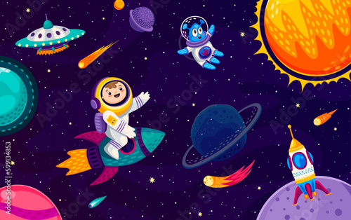 Kid astronaut and alien characters on space galaxy. Cartoon vector child cosmonaut riding rocket in outer Universe with planets, shining stars, spaceships and ufo saucers. Interstellar journey or trip