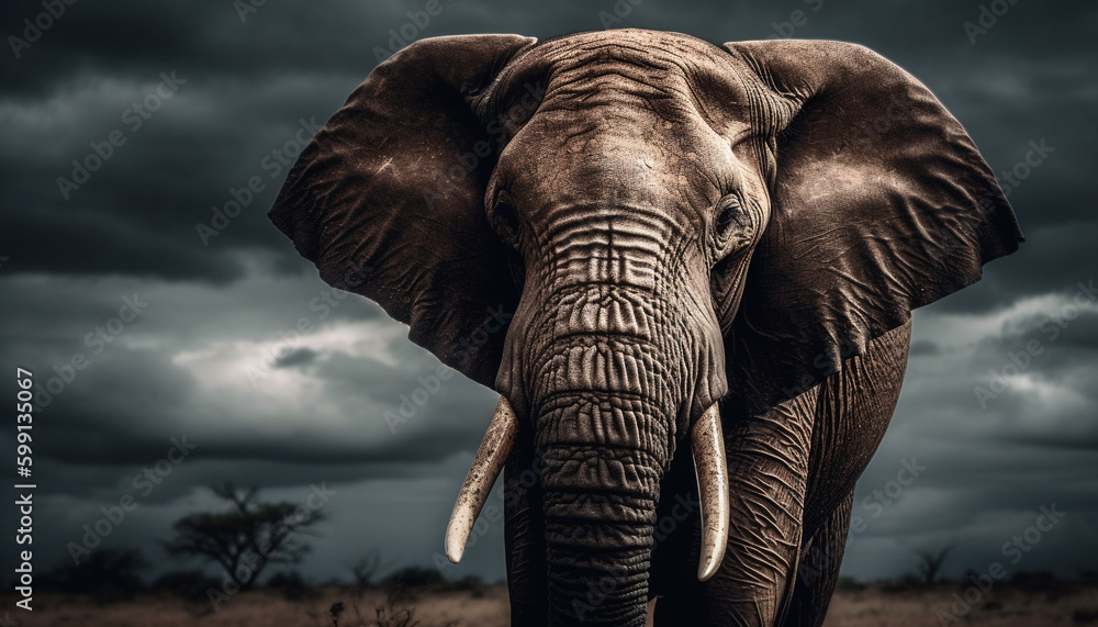 Fototapeta premium Majestic African elephant walking through savannah landscape generated by AI