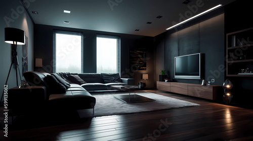 Modern dark living room interior with stylish comfortable sofa  Generative AI