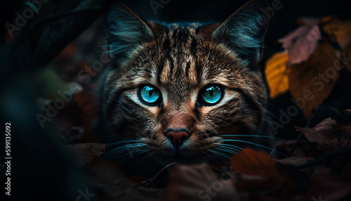 Fluffy kitten hiding in autumn forest leaves generated by AI