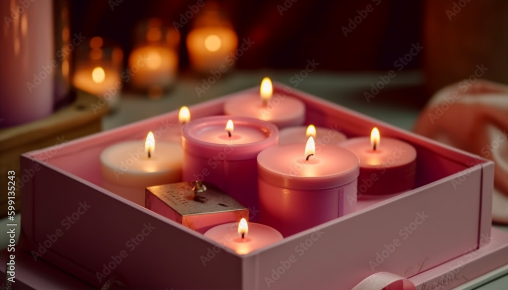 Candle burning bright, illuminating tranquil scene indoors generated by AI Candle burning bright, illuminating tranquil scene indoors generated by AI