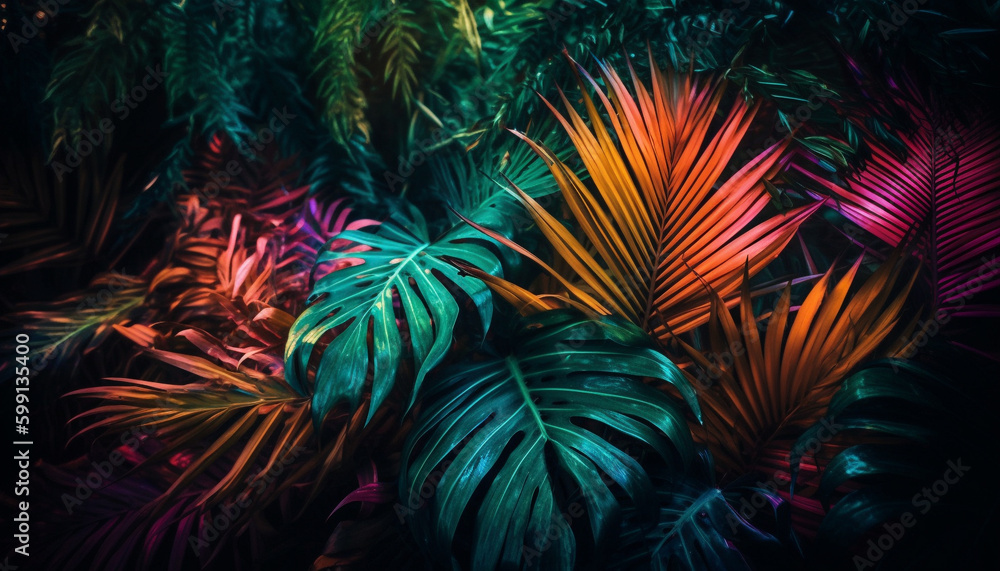 Tropical palm tree leaves shine in darkness generated by AI