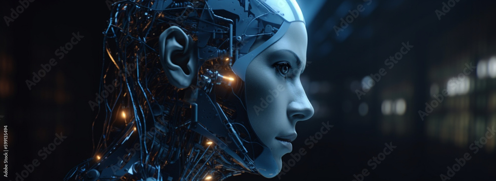 AI technology. Digital transformation, new technologies, business process strategy, latest scientific achievements. close - up of a woman 's face in a futuristic setting AI technology. Digital transformation, new technologies, business process strategy, latest scientific achievements. close - up of a woman 's face in a futuristic setting