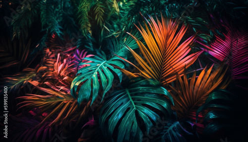 Tropical palm tree leaves shine in darkness generated by AI © djvstock