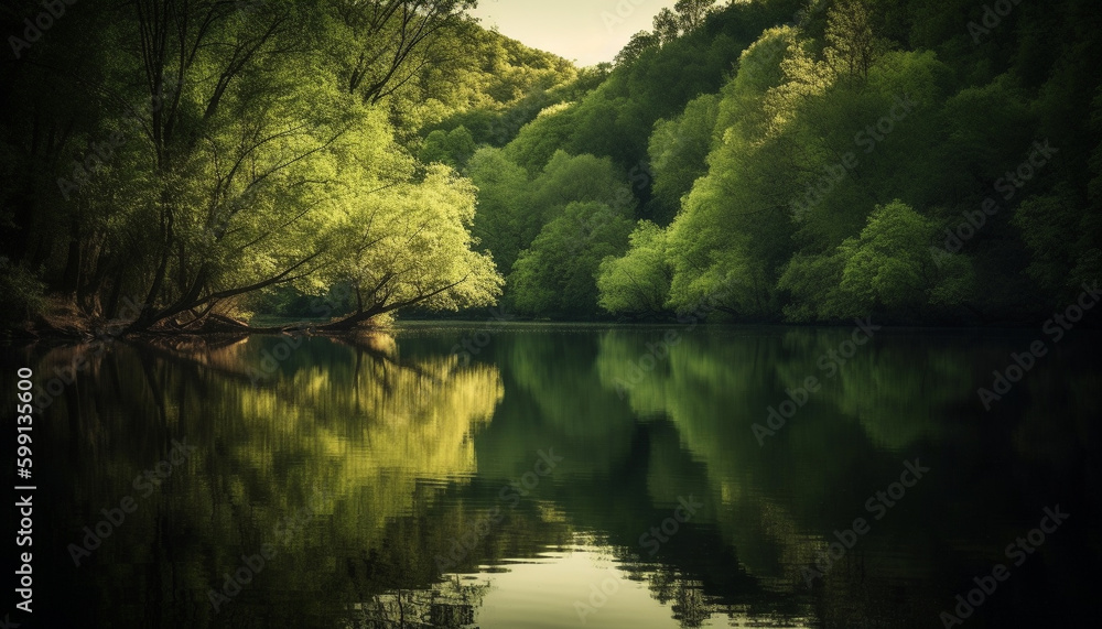 Tranquil scene of reflection in forest pond generated by AI Tranquil scene of reflection in forest pond generated by AI