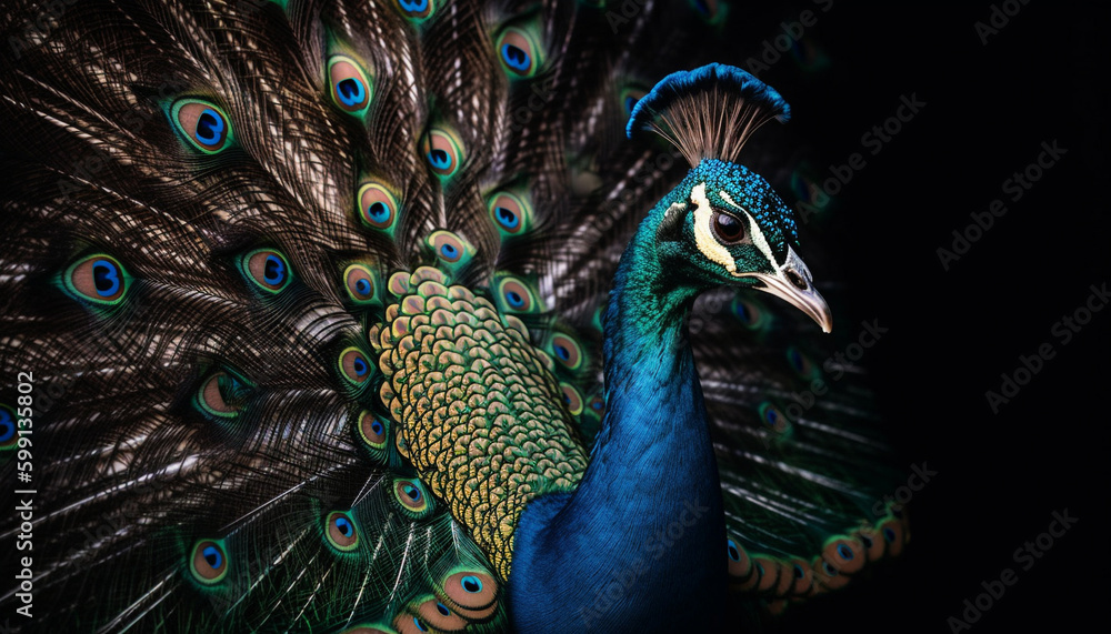 Obraz premium Majestic peacock displays ornate beauty in nature generated by AI