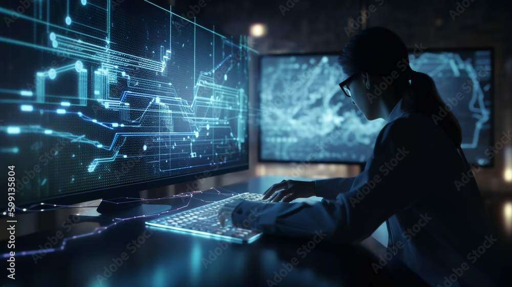 business man analyzes the financial balance in his company. man sitting at a desk with a computer and a screen with a futuristic design. Generative Ai business man analyzes the financial balance in his company. man sitting at a desk with a computer and a screen with a futuristic design. Generative Ai
