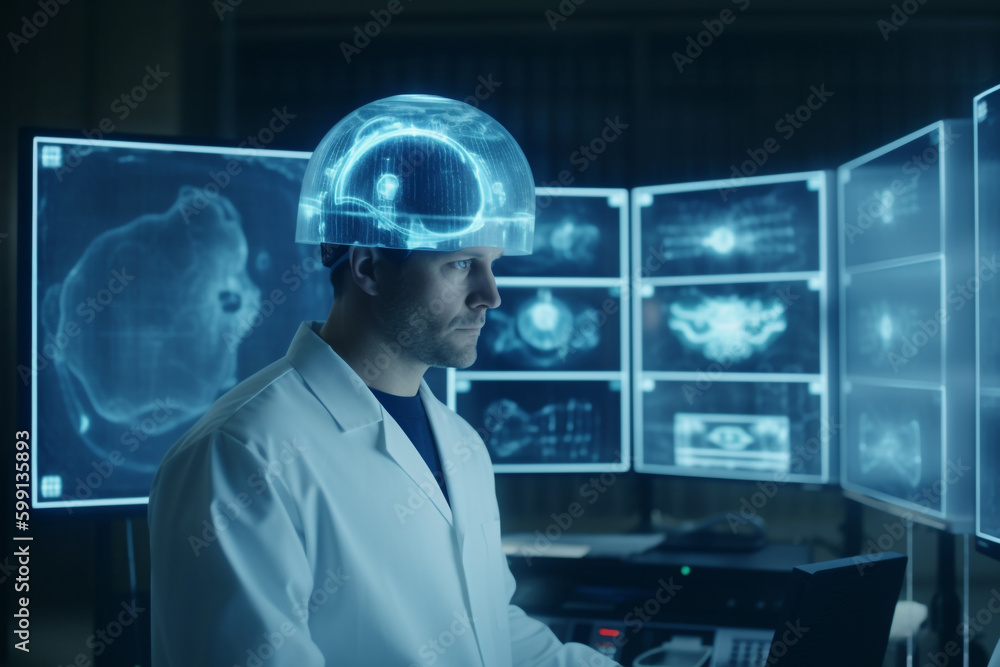 New opportunities in medicine. treatment with the help of computer and telecommunication technologies. man in a lab coat with a brain helmet in front of a computer screen. Generative Ai New opportunities in medicine. treatment with the help of computer and telecommunication technologies. man in a lab coat with a brain helmet in front of a computer screen. Generative Ai