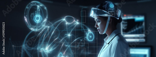 New opportunities in medicine. treatment with the help of computer and telecommunication technologies. woman in a white lab coat is looking at a futuristic display. Generative Ai
