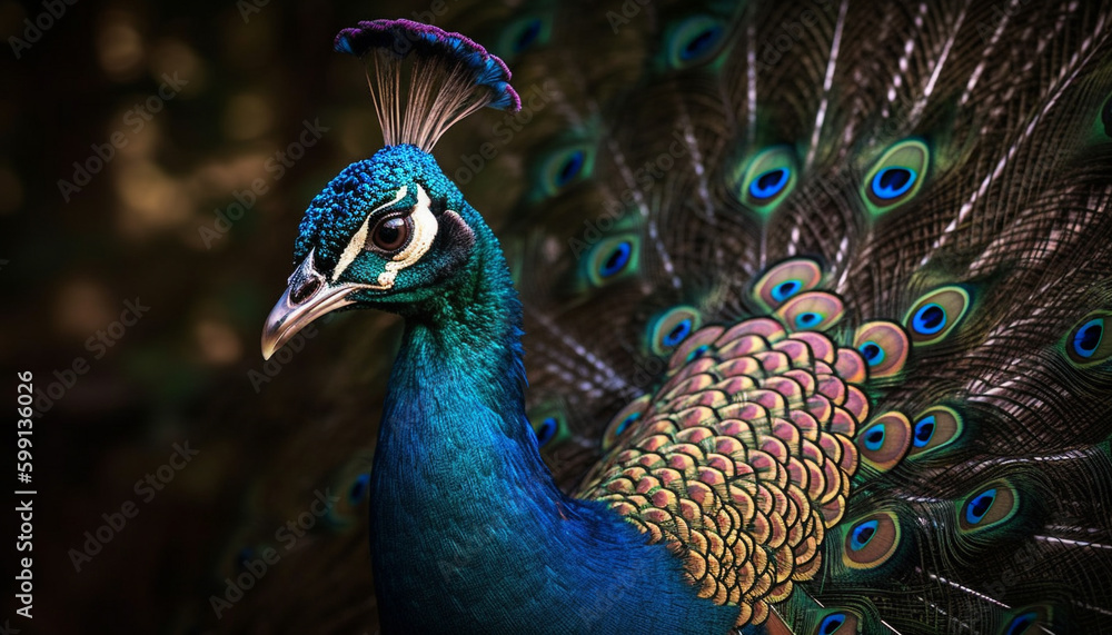 Obraz premium Majestic peacock displays vibrant elegance and beauty generated by AI