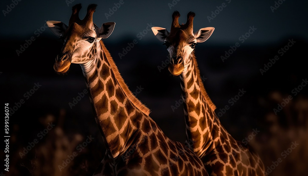 Fototapeta premium Spotted giraffe standing in savannah at sunset generated by AI