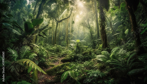 Tranquil scene of wet tropical rainforest growth generated by AI