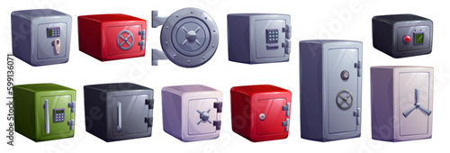 Vector safe box set for money with close door. 3d deposit steel vault icon with locker security. Isolated cartoon metal storage for treasure on white background with secret code combination.