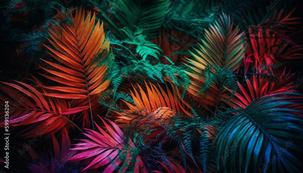 Tropical palm tree illuminated in glowing night generated by AI