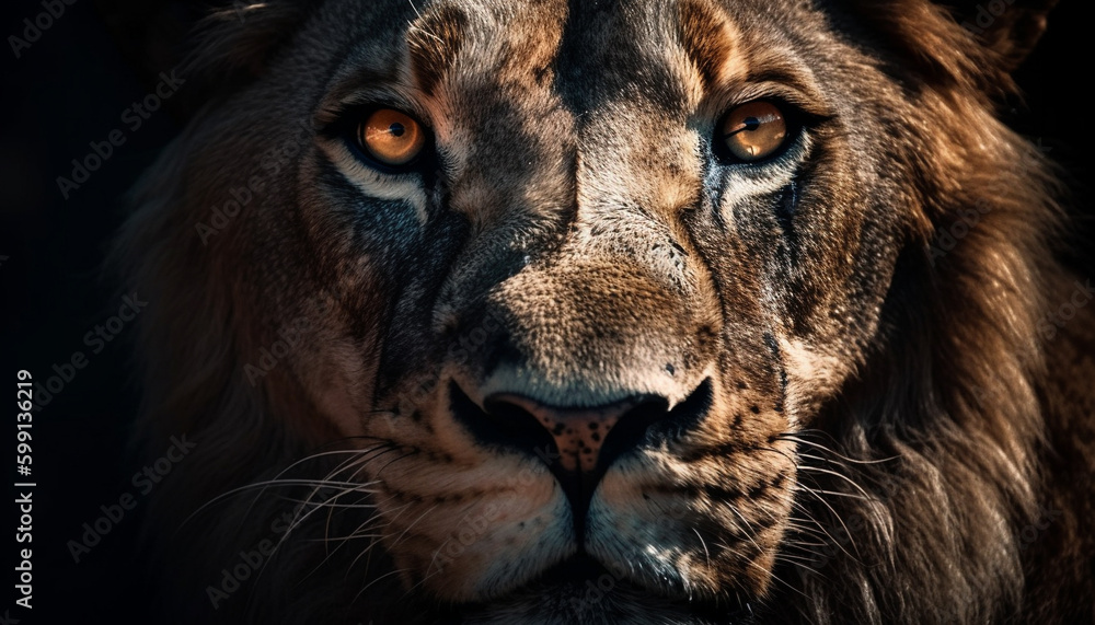 Fototapeta premium Majestic lion staring, focus on foreground beauty generated by AI