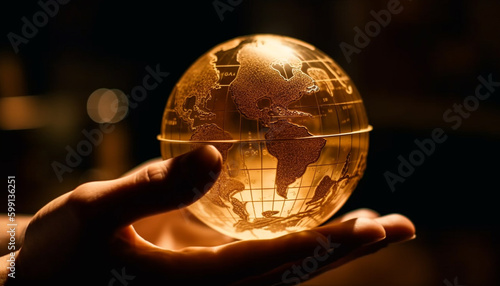 Global businessman holding glowing desktop globe close up generated by AI