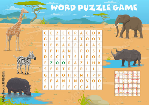 Word search puzzle game with African savannah safari animals, vector kids quiz worksheet. Elephant, zebra and giraffe with rhinoceros and hippopotamus in Africa savanna for game to search word in grid