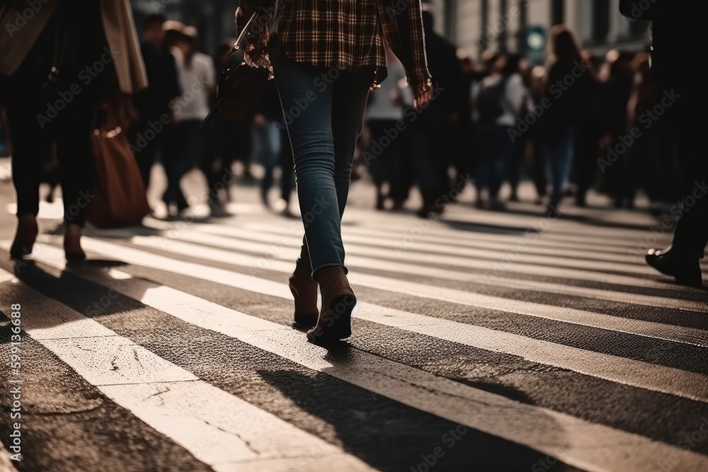 Group Of People Walking On Crosswalk With Crowd Background Generative AI