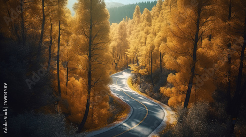 top view of wavy asphalt road in the autumn forest. Generative Ai