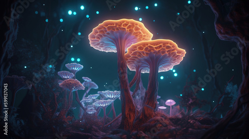 glowing mashroom in the night. Generative Ai