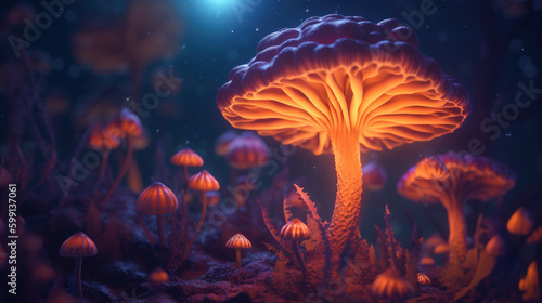 glowing mashroom in the night. Generative Ai