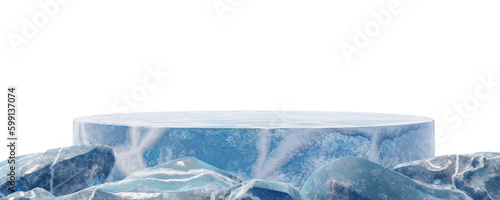 3d ice crack podium or 3d ice crack dais stage isolated. podium mock-up stand product scene on white isolated background. ice crack 3d podium stage blue isolated background