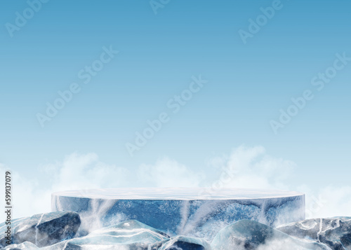 3d ice crack podium or 3d ice crack dais stage. podium mock-up stand product scene on blue background. ice crack 3d podium stage blue background