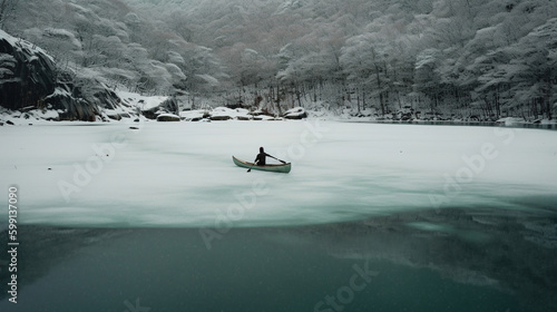 a person on a boat in a ice covered lake.Generative Ai