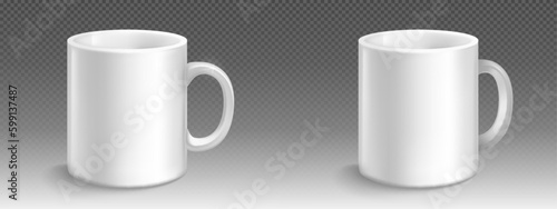 Realistic set of white mug mockups isolated on transparent background. Vector illustration of big ceramic cups with handles for drinking beverages, hot tea or coffee at home or in office. Place for