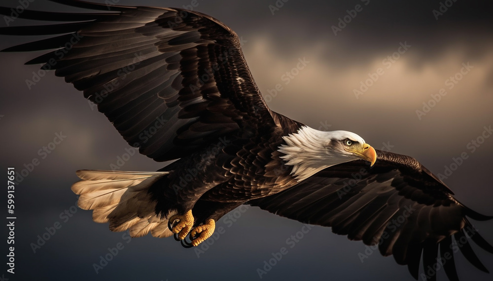 Majestic bald eagle flying in tranquil nature generated by AI Majestic bald eagle flying in tranquil nature generated by AI