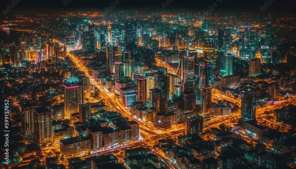 Illuminated skyscrapers light up the city at night generated by AI Illuminated skyscrapers light up the city at night generated by AI
