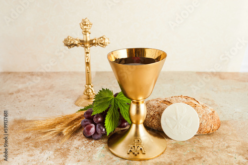 Communion Still life with chalice of wine and bread