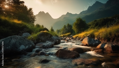 Majestic mountain peak, tranquil scene, flowing water generated by AI © djvstock