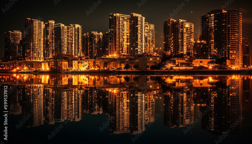Modern skyline reflects on waterfront at dusk generated by AI