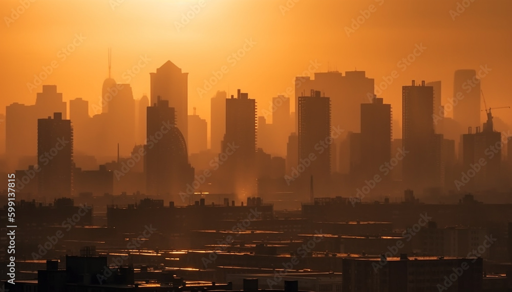 Silhouette skyline glows yellow in sunset light generated by AI