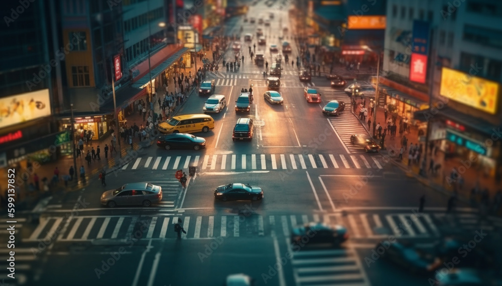 Blurred motion, crowded streets, illuminated city life generated by AI