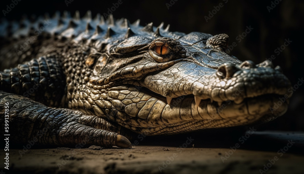 Large crocodile resting in dark tropical swamp generated by AI Large crocodile resting in dark tropical swamp generated by AI