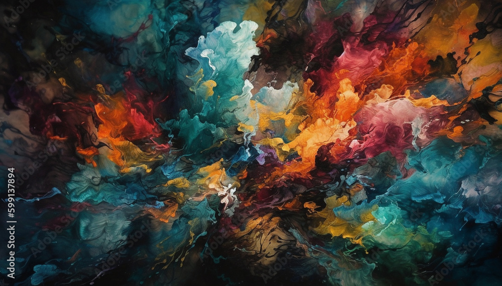 Vibrant colors splash on canvas, creating chaos generated by AI