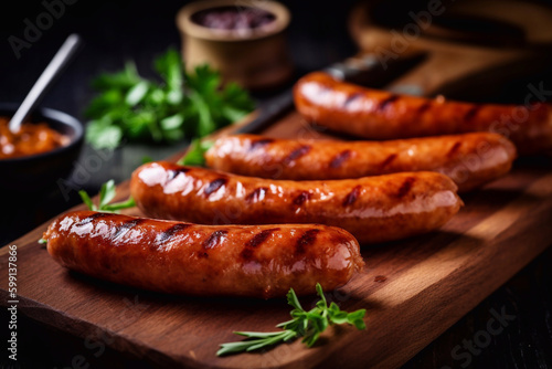 grilled sausages. sausages, herbs and sauces lie on a wooden stand. AI Generated