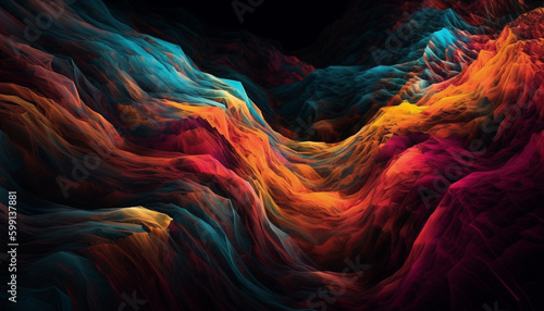 Glowing abstract shapes flow in deep space generated by AI