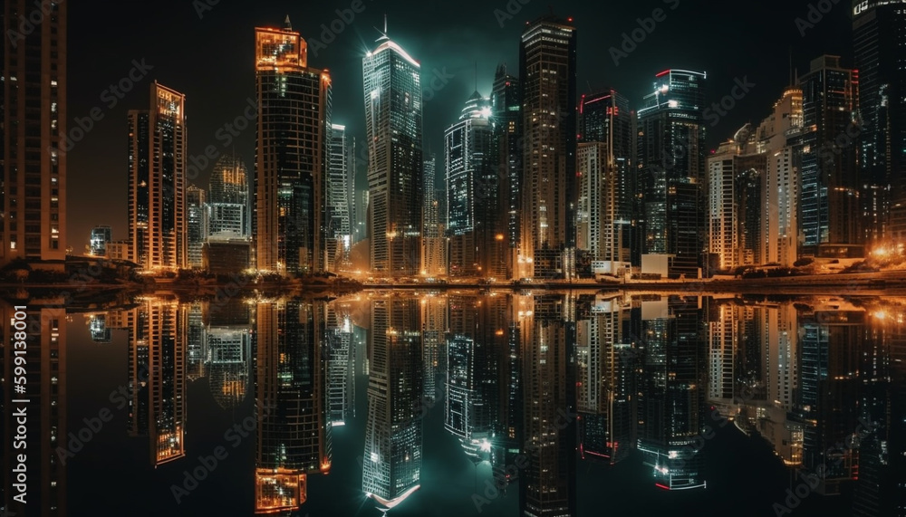Futuristic skyscrapers illuminate the city skyline at dusk generated by AI