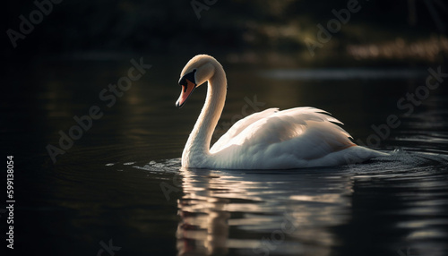 Graceful swan glides on tranquil pond water generated by AI